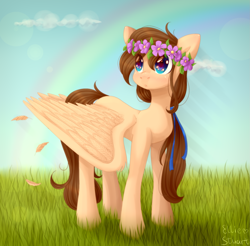 Size: 2043x2010 | Tagged: safe, artist:pony-ellie-stuart, oc, oc only, species:pegasus, species:pony, big wings, cloud, feather, female, floral head wreath, flower, grass, looking up, mare, rainbow, sky, solo, spread wings, wings