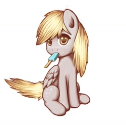 Size: 1063x1051 | Tagged: safe, artist:lurarin, character:derpy hooves, species:pegasus, species:pony, cute, derpabetes, female, food, ice cream, looking at you, mare, mouth hold, nom, popsicle, sea salt ice cream, simple background, sitting, solo, white background