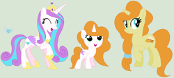 Size: 984x446 | Tagged: safe, artist:deppressedunicorn, character:princess flurry heart, character:pumpkin cake, oc, parent:princess flurry heart, parent:pumpkin cake, parents:pumpkin heart, species:alicorn, species:pony, species:unicorn, ship:pumpkinheart, alicorn oc, eyes closed, female, filly, lesbian, magical lesbian spawn, mare, offspring, open mouth, raised hoof, shipping, simple background, smiling