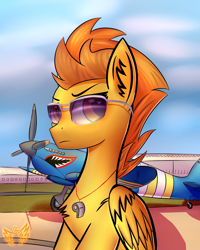 Size: 2400x3000 | Tagged: safe, artist:xeniusfms, character:spitfire, species:pegasus, species:pony, female, mare, namesake, plane, pun, solo, sunglasses, supermarine spitfire, visual gag, whistle, wings