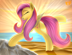 Size: 3000x2300 | Tagged: safe, artist:xeniusfms, character:fluttershy, species:pegasus, species:pony, beach, ear fluff, female, happy, high res, mare, rock, sand, smiling, stretching, sunrise, workout