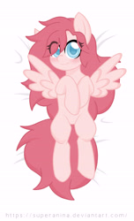 Size: 3480x5729 | Tagged: safe, artist:superanina, oc, species:pegasus, species:pony, bed, blue eyes, blushing, body pillow, body pillow design, digital art, female, hooves, hooves to the chest, lightly watermarked, long mane, long tail, looking at you, lying down, mare, on back, on bed, simple background, solo, spread wings, url, watermark, white background, wings