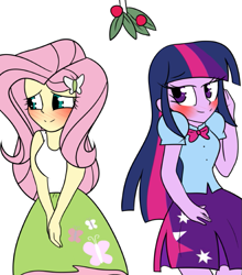 Size: 587x666 | Tagged: safe, artist:tehgamingcherryyt, character:fluttershy, character:twilight sparkle, ship:twishy, my little pony:equestria girls, female, holly, holly mistaken for mistletoe, lesbian, shipping, simple background, white background