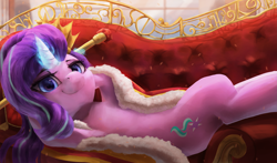 Size: 3677x2160 | Tagged: safe, artist:vanillaghosties, character:starlight glimmer, species:pony, species:unicorn, couch, crown, draw me like one of your french girls, female, glowing horn, looking at you, mare, on back, regalia, scepter, smiling, solo