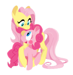 Size: 777x794 | Tagged: safe, artist:chop4, character:fluttershy, character:pinkie pie, species:earth pony, species:pegasus, species:pony, ship:flutterpie, cute, diapinkes, eye contact, female, hug, lesbian, looking at each other, open mouth, raised hoof, shipping, simple background, size difference, smiling, transparent background