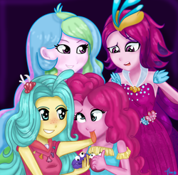 Size: 1936x1908 | Tagged: safe, artist:lovelygirlmusicer, character:pinkie pie, character:princess celestia, character:princess skystar, character:principal celestia, character:queen novo, my little pony: the movie (2017), my little pony:equestria girls, blushing, clothing, dress, equestria girls-ified, female, freckles, mother and daughter, shelldon, shelly, silly face, smiling, tongue out