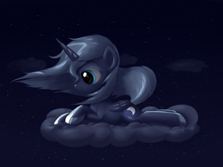 Size: 1600x1200 | Tagged: safe, artist:icefairy64, character:princess luna, species:pony, cloud, female, filly, night, smiling, solo, windswept mane, woona