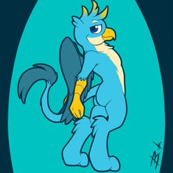 Size: 1280x1280 | Tagged: safe, alternate version, artist:bassywolfeh, character:gallus, species:anthro, species:digitigrade anthro, species:griffon, episode:school daze, g4, my little pony: friendship is magic, ass, barbie doll anatomy, butt, explicit source, featureless crotch, gallass, looking back, male, nudity, older, older gallus, solo, wings