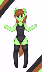 Size: 4740x8055 | Tagged: safe, artist:nero9, oc, oc only, oc:cedar, absurd resolution, bipedal, both cutie marks, clothing, cute, female, looking at you, ocbetes, one-piece swimsuit, poni, simple background, socks, solo, swimsuit, thigh highs, thigh squish