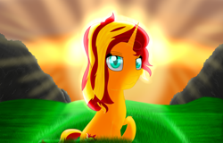 Size: 1280x817 | Tagged: safe, artist:tlmoonguardian, character:sunset shimmer, crepuscular rays, cutie mark, glowy, grass, looking at you, mountain