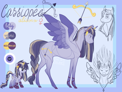 Size: 3850x2893 | Tagged: safe, artist:perle-de-suie, oc, oc only, oc:cassiopée, species:alicorn, species:pony, alicorn oc, boots, colored wings, ear piercing, female, gradient hooves, gradient wings, high res, jewelry, mare, multicolored hair, necklace, piercing, reference sheet, shoes, solo, spread wings, wings