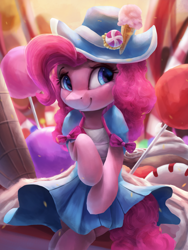 Size: 2250x3000 | Tagged: safe, artist:vanillaghosties, character:pinkie pie, species:earth pony, species:pony, candy, clothing, coronation dress, cute, diapinkes, dress, female, food, hat, high res, mare, smiling, solo