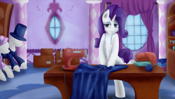 Size: 1920x1080 | Tagged: safe, artist:taggerung, character:rarity, bedroom eyes, crepuscular rays, fabric, female, ponyquin, sewing, sewing machine, solo