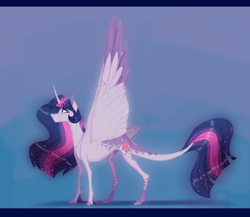 Size: 1900x1650 | Tagged: safe, artist:eugenchen, character:twilight sparkle, character:twilight sparkle (alicorn), species:alicorn, species:pony, abstract background, alternate design, coat markings, colored wings, colored wingtips, curved horn, cutie mark, dappled, ethereal mane, female, galaxy mane, leonine tail, letterboxing, long tail, mare, shadow, solo, spread wings, stripes, unshorn fetlocks, wings