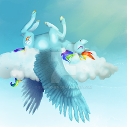 Size: 800x800 | Tagged: safe, artist:eugenchen, character:rainbow dash, species:pegasus, species:pony, backwards cutie mark, cloud, crepuscular rays, eyes closed, female, mare, nap, on back, sky, sleeping, solo, spread wings, watermark, wings