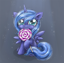 Size: 800x790 | Tagged: safe, artist:munadrake, character:princess luna, species:pony, cute, female, filly, lollipop, lunabetes, sitting, solo, woona