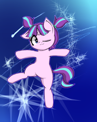 Size: 1200x1500 | Tagged: safe, artist:destroyer_aky, character:starlight glimmer, species:pony, species:unicorn, cute, female, filly, filly starlight glimmer, glimmerbetes, one eye closed, pigtails, solo, wink, younger