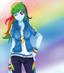 Size: 1909x2159 | Tagged: safe, artist:lovelygirlmusicer, character:rainbow dash, my little pony:equestria girls, clothing, female, geode of super speed, hoodie, magical geodes, multicolored hair, one eye closed, shirt, smiling, solo, wink