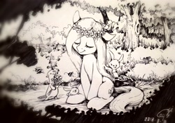 Size: 3014x2104 | Tagged: safe, artist:louislithium, character:angel bunny, character:fluttershy, species:bird, species:pegasus, species:pony, animal, brushie, eyes closed, female, floral head wreath, flower, forest, grayscale, mare, monochrome, peaceful, sitting, sitting on head, smiling, traditional art