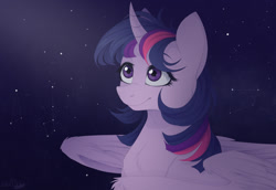 Size: 1400x961 | Tagged: safe, artist:mrgdog, character:twilight sparkle, character:twilight sparkle (alicorn), species:alicorn, species:pony, bust, female, looking away, looking up, mare, night, portrait, smiling, solo, stars, wings