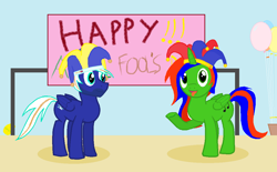Size: 1088x676 | Tagged: safe, artist:lukington17, derpibooru original, oc, oc only, oc:christian clefnote, oc:electric blue, species:alicorn, species:pegasus, species:pony, alicorn oc, april fools, balloon, british, clothing, easter egg, english, facial hair, hat, holiday, jester, sign, silly, silly pony, spanish, tongue out