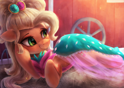 Size: 3600x2550 | Tagged: safe, artist:vanillaghosties, character:applejack, species:earth pony, species:pony, episode:simple ways, g4, my little pony: friendship is magic, applejewel, clothing, digital art, dress, female, looking back, mare, prone, smiling, solo