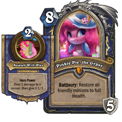 Size: 587x587 | Tagged: safe, artist:vanillaghosties, editor:luxuria, character:pinkie pie, species:earth pony, species:pony, blizzard entertainment, card, clothing, female, food, grin, gypsy pie, hat, hearthpwny, hearthstone, hero card, hero power, mare, pie, simple background, smiling, squee, transparent background, warcraft
