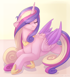 Size: 1548x1704 | Tagged: safe, artist:mich-art, character:princess cadance, species:alicorn, species:pony, cute, cutedance, eye clipping through hair, eyes closed, female, floppy ears, hoof shoes, jewelry, mare, prone, regalia, smiling, solo, two toned wings, wing fluff