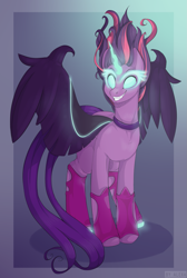 Size: 1119x1666 | Tagged: safe, artist:mich-art, character:midnight sparkle, character:twilight sparkle, character:twilight sparkle (scitwi), species:alicorn, species:pony, equestria girls:friendship games, g4, my little pony: equestria girls, my little pony:equestria girls, abstract background, choker, equestria girls ponified, evil grin, female, glowing eyes, glowing horn, grin, jewelry, mare, midnight sparkle, ponified, regalia, smiling, solo
