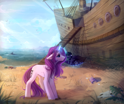 Size: 1623x1368 | Tagged: safe, artist:mich-art, oc, oc only, species:crab, species:pony, species:unicorn, beach, blushing, clothing, cloud, crepuscular rays, dishevelled, duo, female, floppy ears, gangplank, glowing horn, hat, magic, male, mare, micro, net, ocean, pirate hat, ratlines, sailship, ship, skull, stallion, telekinesis
