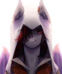 Size: 1275x1505 | Tagged: safe, artist:mich-art, oc, oc only, assassin's creed, clothing, ear fluff, ear tag, hood, jacket, looking at you, red and black oc, red eyes, semi-anthro, simple background, solo, white background