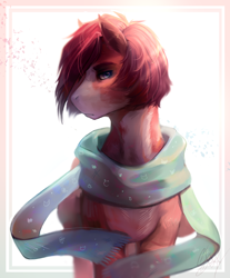 Size: 1704x2056 | Tagged: safe, artist:mich-art, oc, oc only, species:earth pony, species:pony, abstract background, clothing, coat markings, looking at you, looking sideways, scarf, solo
