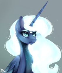 Size: 846x997 | Tagged: safe, artist:nutellaakanutella, character:princess luna, species:alicorn, species:pony, ethereal mane, female, glowing mane, gray background, mare, simple background, solo, white mane