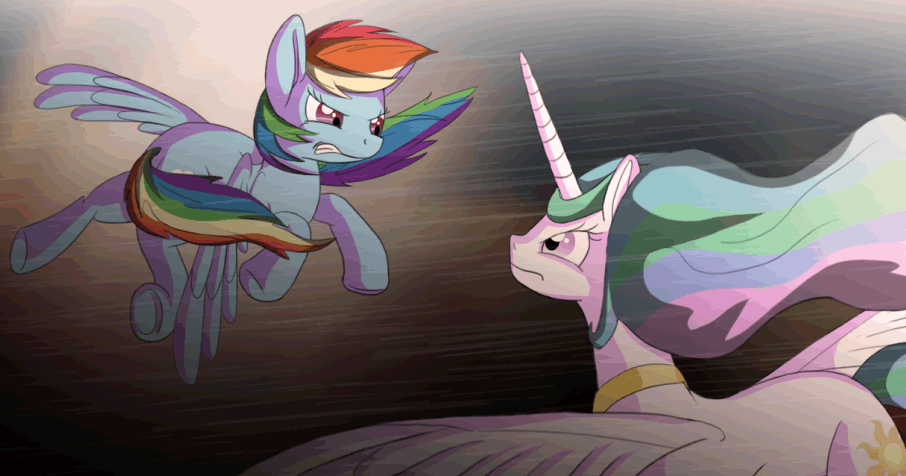 Size: 906x476 | Tagged: safe, artist:twodeepony, character:princess celestia, character:rainbow dash, species:alicorn, species:pegasus, species:pony, animated, duo, female, flying, gif, gritted teeth, looking at each other, mare, rain