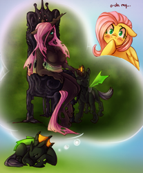 Size: 950x1145 | Tagged: safe, artist:vella, character:fluttershy, oc, oc:vesairus, species:anthro, species:changeling, species:pegasus, species:pony, blushing, canon x oc, changeling oc, changeling queen, changelingified, female, flutterling, flutterus, imagine spot, male, oh my, thought bubble