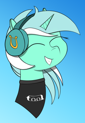 Size: 1546x2237 | Tagged: safe, artist:shobieshy, character:lyra heartstrings, species:pony, species:unicorn, bust, clothing, eyes closed, female, happy, headphones, shirt, simple background, smiling, solo, tool (band)