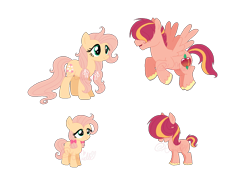 Size: 1270x977 | Tagged: safe, artist:arxielle, base used, oc, oc only, oc:fuji red, oc:gala blossom, parent:big macintosh, parent:fluttershy, parents:fluttermac, species:earth pony, species:pegasus, species:pony, bow, brother and sister, colt, female, filly, freckles, hair bow, hair over eyes, male, mare, offspring, simple background, stallion, transparent background, unshorn fetlocks
