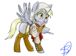 Size: 1024x749 | Tagged: safe, artist:renniksarts, character:derpy hooves, species:pegasus, species:pony, assassin's creed, boots, bracer, clothing, crossover, cutie mark, female, hidden blade, hood, hoof blades, hoof boots, mare, open mouth, shirt, shoes, simple background, solo, spread wings, watermark, white background, wings