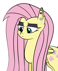 Size: 1082x1325 | Tagged: safe, artist:shobieshy, character:fluttershy, species:pegasus, species:pony, episode:fake it 'til you make it, cutie mark, ear fluff, ear piercing, eyebrows, eyelashes, eyeshadow, female, flat colors, fluttergoth, looking down, makeup, piercing, simple background, solo, transparent background, unamused
