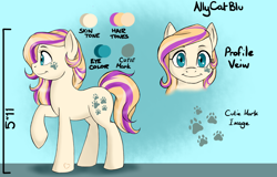 Size: 1600x1024 | Tagged: safe, artist:renniksarts, oc, oc only, oc:allycat blu, species:earth pony, species:pony, alternative cutie mark placement, cutie mark, female, mare, paw prints, raised leg, reference sheet, smiling, solo