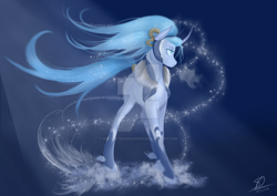 Size: 1024x724 | Tagged: safe, artist:renniksarts, species:pony, species:unicorn, abstract background, blank flank, clothing, crepuscular rays, crossover, curved horn, female, final fantasy, ice, leggings, magic, mare, ponified, shiva, solo, unshorn fetlocks, watermark