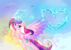 Size: 1280x905 | Tagged: safe, artist:sadonax, character:princess cadance, species:alicorn, species:pony, female, flying, glowing horn, heart, heart eyes, magic, mare, obtrusive watermark, silhouette, smiling, solo, solo focus, watermark, wingding eyes