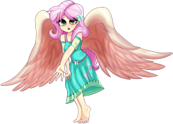 Size: 1024x733 | Tagged: safe, artist:nin10ja, character:fluttershy, my little pony:equestria girls, angel, barefoot, beautiful, big wings, clothing, dress, feet, fluttershy the angel, looking at you, missing shoes, simple background, toes, transparent background, wings, worried