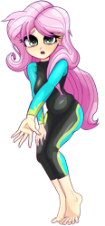 Size: 465x1000 | Tagged: safe, artist:nin10ja, character:fluttershy, species:human, equestria girls:forgotten friendship, g4, my little pony: equestria girls, my little pony:equestria girls, barefoot, clothing, feet, humanized, looking at you, simple background, swimsuit, toes, transparent background, wetsuit, worried