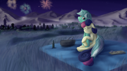Size: 1920x1080 | Tagged: safe, artist:taggerung, character:bon bon, character:lyra heartstrings, character:sweetie drops, species:earth pony, species:pony, species:unicorn, ship:lyrabon, alcohol, basket, cheese, cuddling, female, field, fireworks, food, lesbian, mountain, night, picnic, picnic basket, picnic blanket, ponyville, shipping, stars, wine