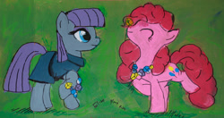 Size: 1139x600 | Tagged: safe, artist:aquilateagle, character:maud pie, character:pinkie pie, species:earth pony, species:pony, candy, clothing, cute, dress, duo, duo female, eyes closed, female, food, jewelry, mare, maudabetes, necklace, pie sisters, rock candy, rock candy necklace, siblings, sisters, smiling, traditional art, when she smiles
