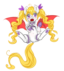 Size: 2083x2301 | Tagged: safe, artist:hanaty, oc, oc:yui chisaki, species:bat pony, species:pony, bat pony oc, cute, fangs, female, lolita fashion, mare, on back, pigtails, simple background, solo, tsundere, twintails, vampire, vampony, white background