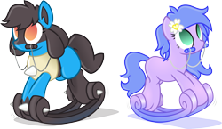 Size: 3183x1843 | Tagged: safe, artist:nxzc88, oc, oc:aria, oc:liatris blossomheart, species:earth pony, species:pony, crossover, duo, female, high res, inanimate tf, lucario, pokémon, ponified, reins, rocking, rocking horse, simple background, transformation, transformed, transparent background, vector