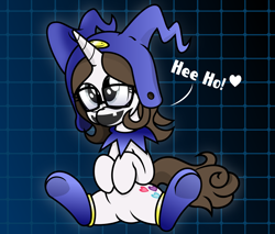 Size: 2779x2364 | Tagged: safe, artist:kutt172, artist:nxzc88, oc, oc only, oc:pyrisa miracles, species:pony, species:unicorn, abstract background, clothing, collar, cosplay, costume, cute, female, giggling, glasses, hat, heart, high res, jack frost, jester hat, mare, megami tensei, shin megami tensei, sitting, socks, solo, underhoof, vector