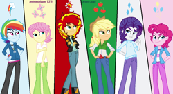 Size: 1310x720 | Tagged: safe, artist:animeshipper123, artist:mytri-atari, character:applejack, character:fluttershy, character:pinkie pie, character:rainbow dash, character:rarity, character:sunset shimmer, equestria girls:friendship games, g4, my little pony: equestria girls, my little pony:equestria girls, applejack (male), bubble berry, butterscotch, clothing, elusive, equestria guys, hat, jacket, male, rainbow blitz, rule 63, sunset glare